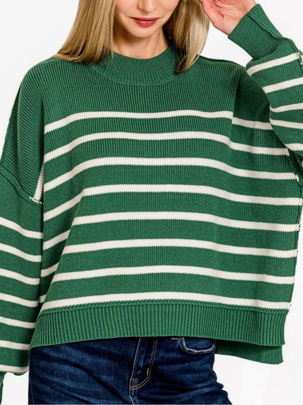 Zenana exposed seam green and white Striped Crewneck Sweater